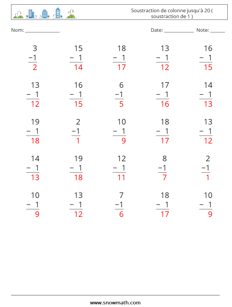 (25) Soustraction de colonne jusqu'à 20 ( soustraction de 1 ) Fiches d'Exercices de Mathématiques 14 Question, Réponse