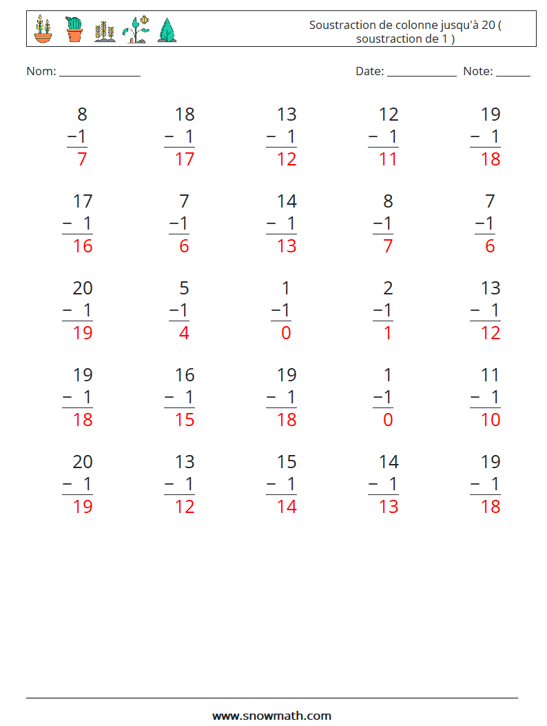 (25) Soustraction de colonne jusqu'à 20 ( soustraction de 1 ) Fiches d'Exercices de Mathématiques 16 Question, Réponse