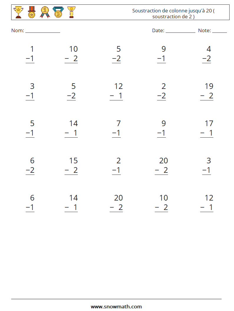 (25) Soustraction de colonne jusqu'à 20 ( soustraction de 2 )