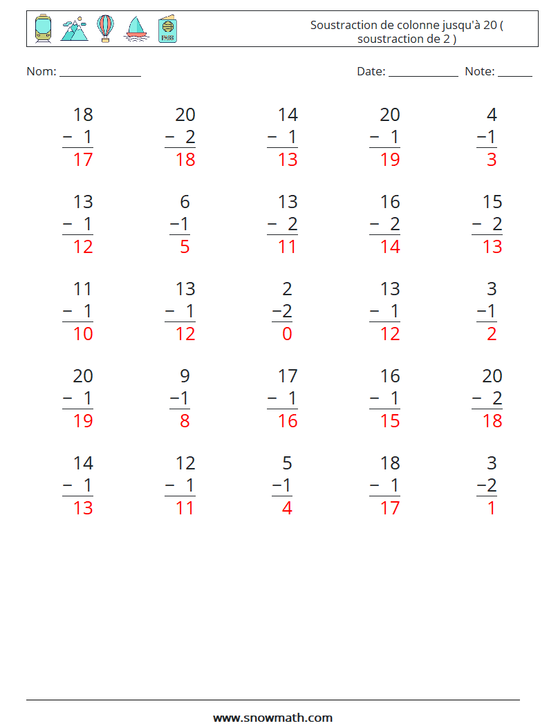 (25) Soustraction de colonne jusqu'à 20 ( soustraction de 2 ) Fiches d'Exercices de Mathématiques 10 Question, Réponse