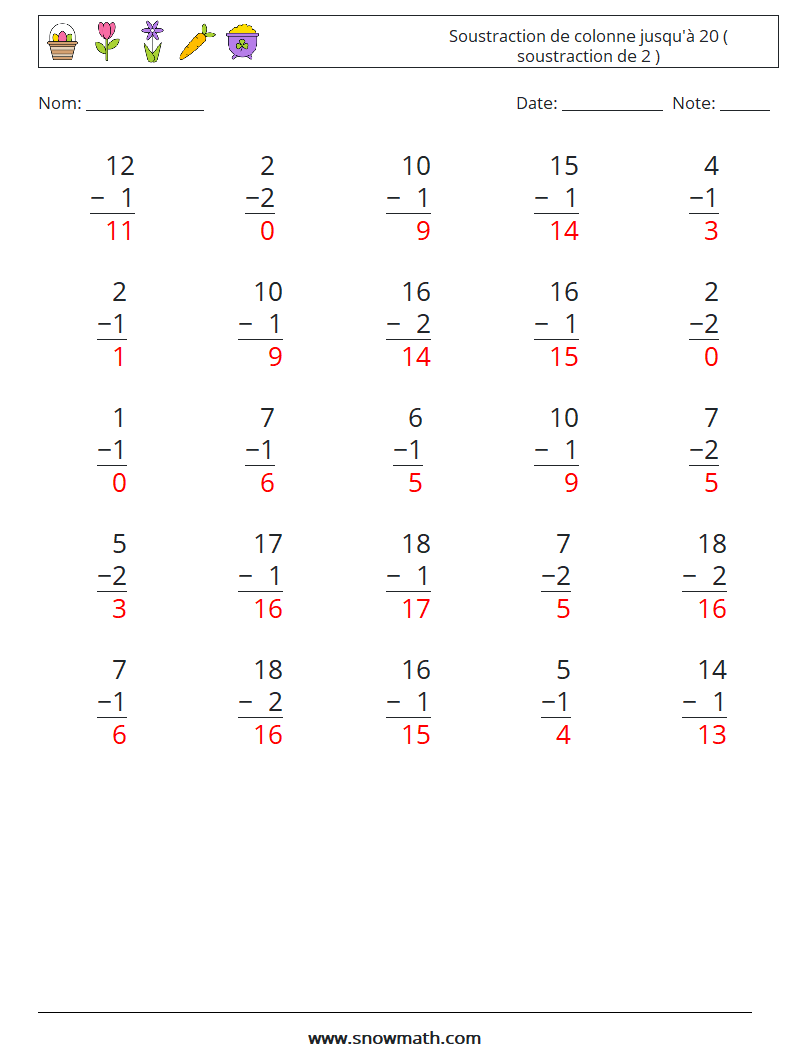 (25) Soustraction de colonne jusqu'à 20 ( soustraction de 2 ) Fiches d'Exercices de Mathématiques 12 Question, Réponse