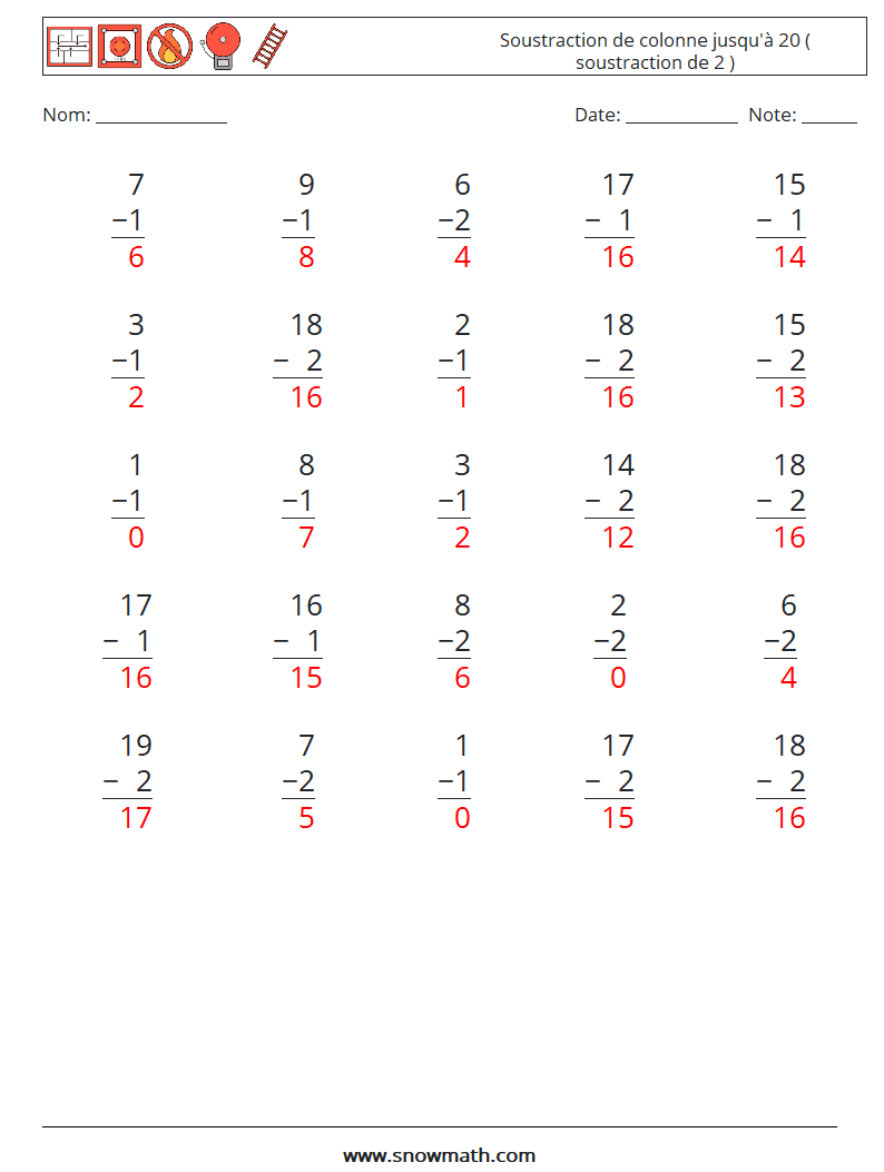 (25) Soustraction de colonne jusqu'à 20 ( soustraction de 2 ) Fiches d'Exercices de Mathématiques 13 Question, Réponse