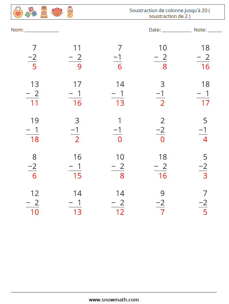 (25) Soustraction de colonne jusqu'à 20 ( soustraction de 2 ) Fiches d'Exercices de Mathématiques 15 Question, Réponse