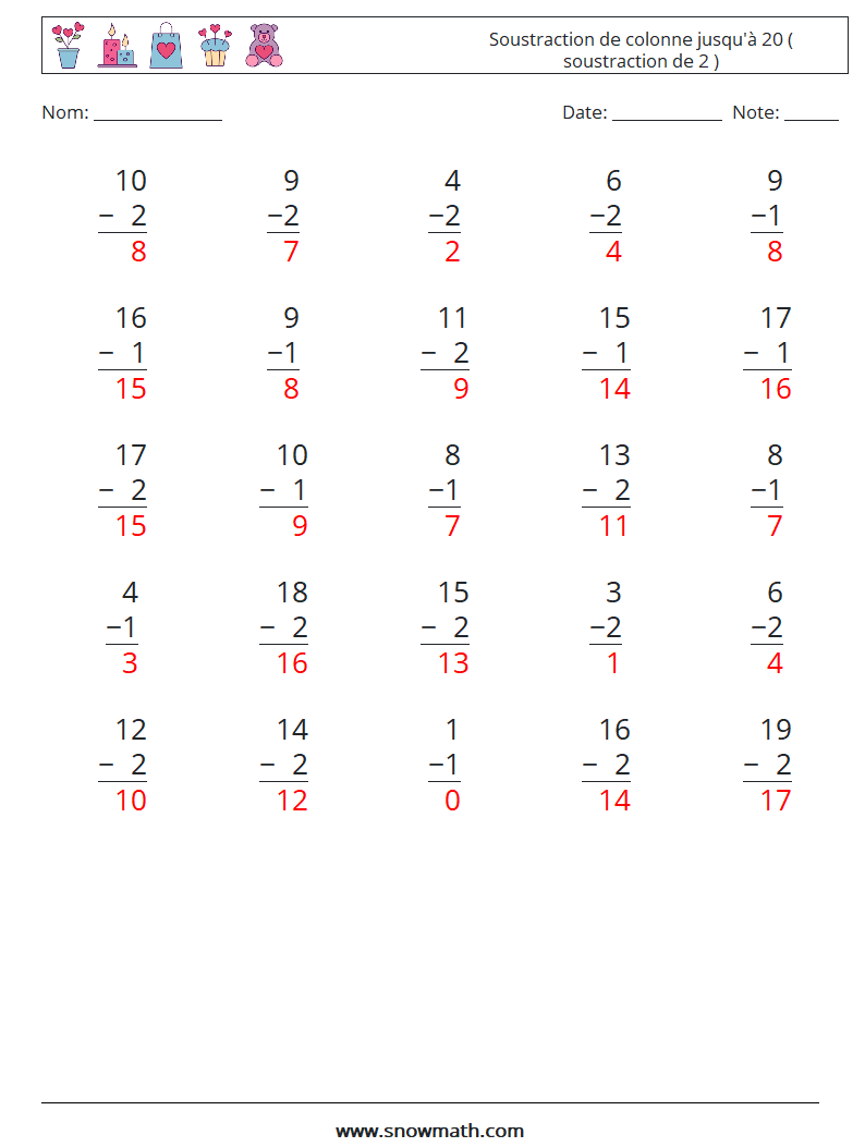 (25) Soustraction de colonne jusqu'à 20 ( soustraction de 2 ) Fiches d'Exercices de Mathématiques 17 Question, Réponse