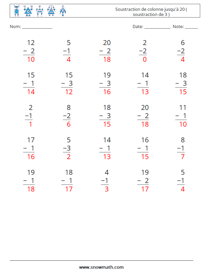 (25) Soustraction de colonne jusqu'à 20 ( soustraction de 3 ) Fiches d'Exercices de Mathématiques 11 Question, Réponse