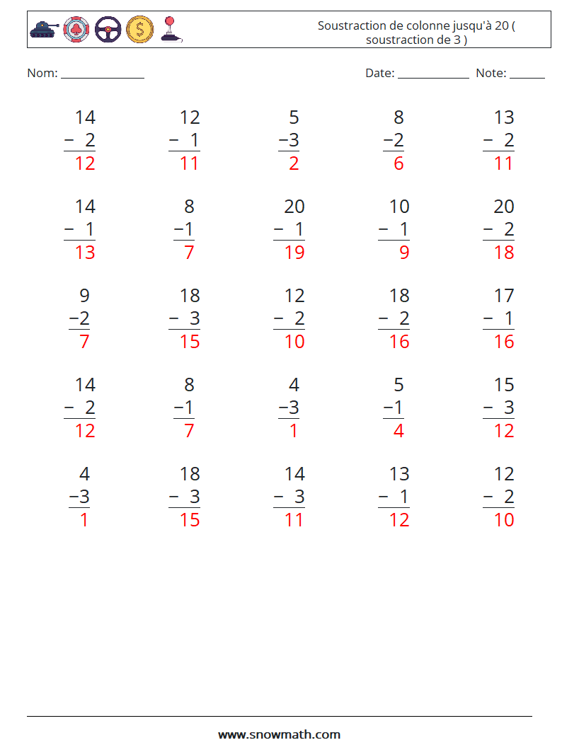 (25) Soustraction de colonne jusqu'à 20 ( soustraction de 3 ) Fiches d'Exercices de Mathématiques 12 Question, Réponse