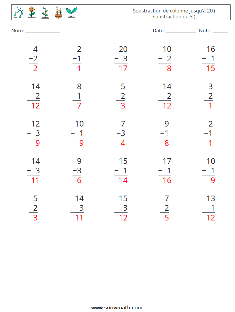 (25) Soustraction de colonne jusqu'à 20 ( soustraction de 3 ) Fiches d'Exercices de Mathématiques 13 Question, Réponse