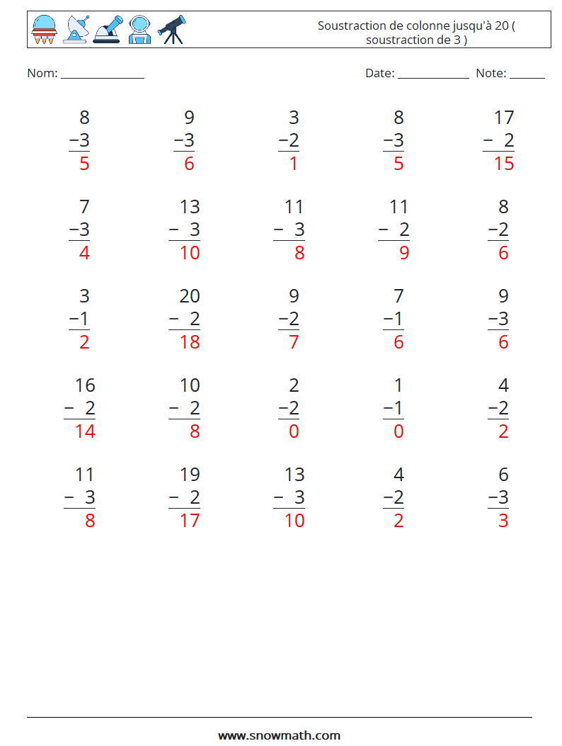 (25) Soustraction de colonne jusqu'à 20 ( soustraction de 3 ) Fiches d'Exercices de Mathématiques 14 Question, Réponse