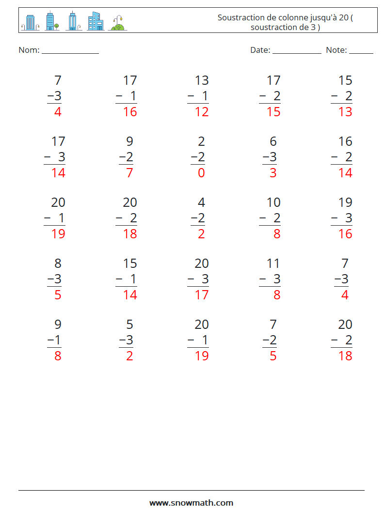 (25) Soustraction de colonne jusqu'à 20 ( soustraction de 3 ) Fiches d'Exercices de Mathématiques 16 Question, Réponse