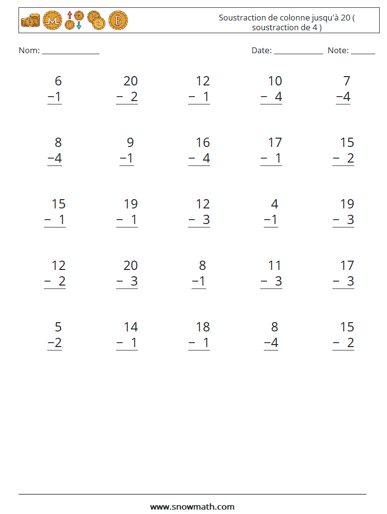 (25) Soustraction de colonne jusqu'à 20 ( soustraction de 4 ) Fiches d'Exercices de Mathématiques 11
