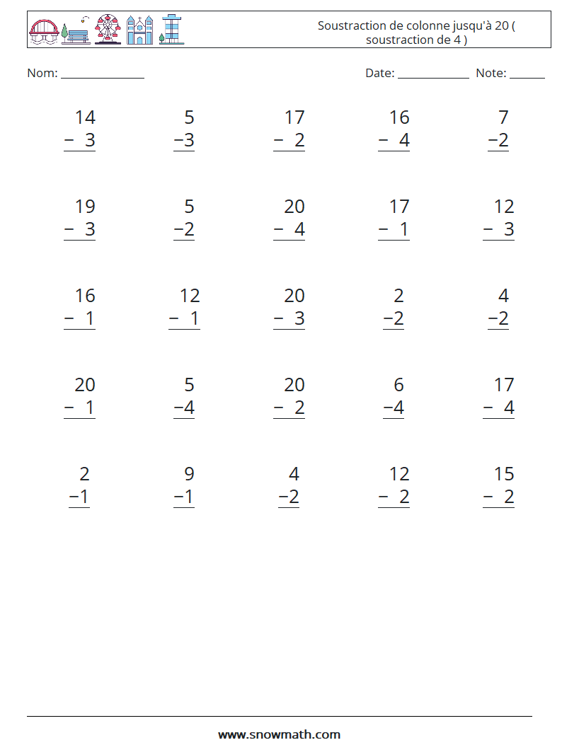 (25) Soustraction de colonne jusqu'à 20 ( soustraction de 4 ) Fiches d'Exercices de Mathématiques 15
