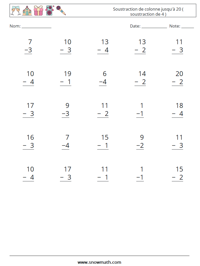 (25) Soustraction de colonne jusqu'à 20 ( soustraction de 4 ) Fiches d'Exercices de Mathématiques 16
