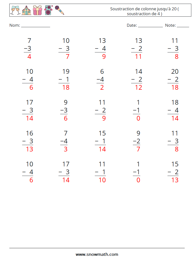 (25) Soustraction de colonne jusqu'à 20 ( soustraction de 4 ) Fiches d'Exercices de Mathématiques 16 Question, Réponse