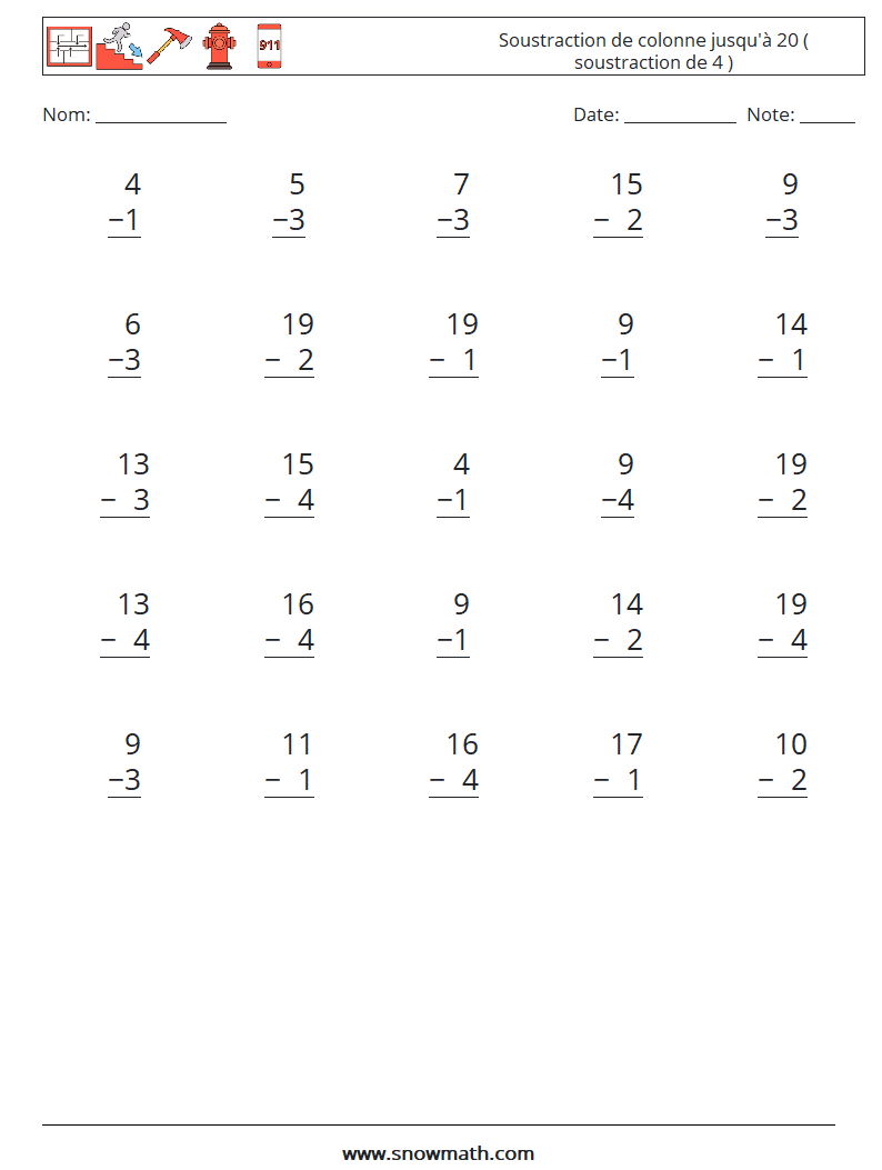 (25) Soustraction de colonne jusqu'à 20 ( soustraction de 4 ) Fiches d'Exercices de Mathématiques 17