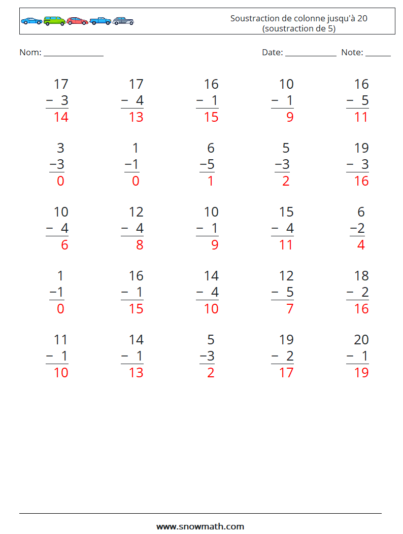 (25) Soustraction de colonne jusqu'à 20 (soustraction de 5) Fiches d'Exercices de Mathématiques 10 Question, Réponse