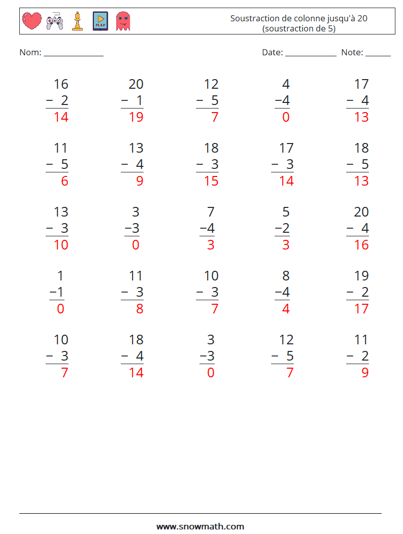 (25) Soustraction de colonne jusqu'à 20 (soustraction de 5) Fiches d'Exercices de Mathématiques 13 Question, Réponse