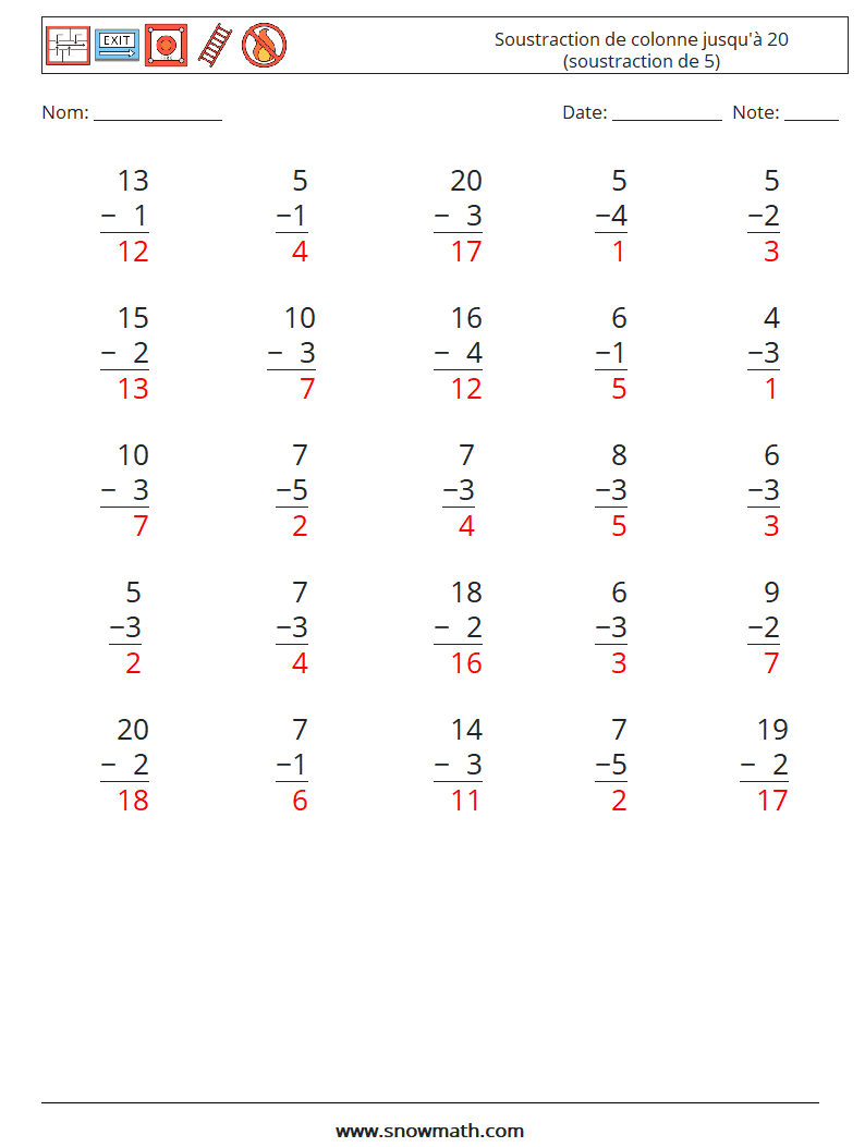 (25) Soustraction de colonne jusqu'à 20 (soustraction de 5) Fiches d'Exercices de Mathématiques 16 Question, Réponse