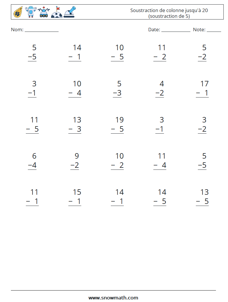 (25) Soustraction de colonne jusqu'à 20 (soustraction de 5) Fiches d'Exercices de Mathématiques 3