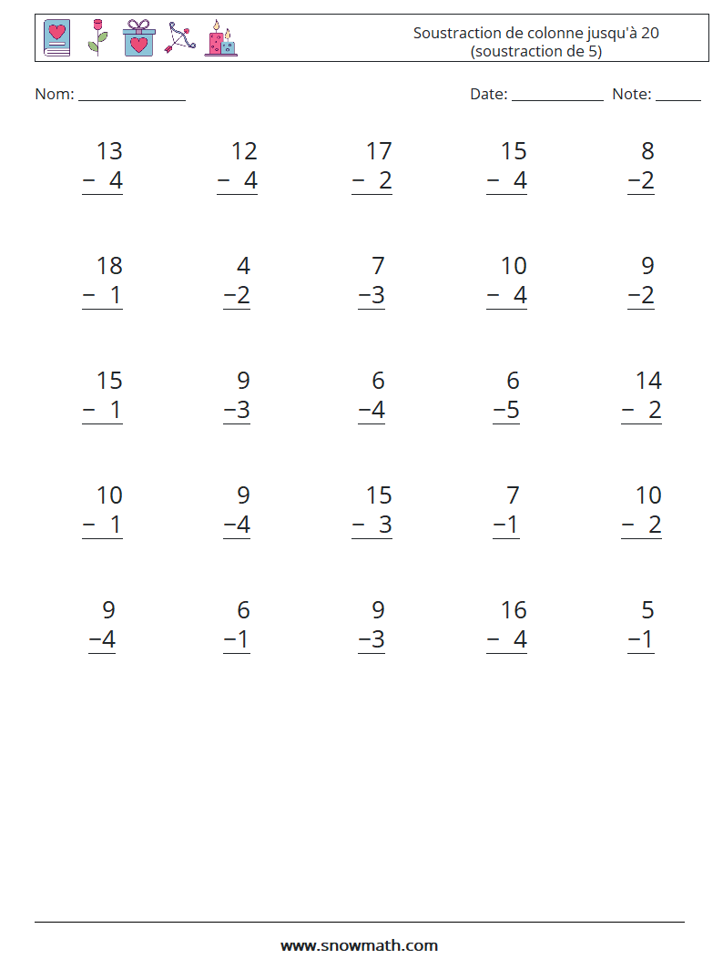 (25) Soustraction de colonne jusqu'à 20 (soustraction de 5) Fiches d'Exercices de Mathématiques 6