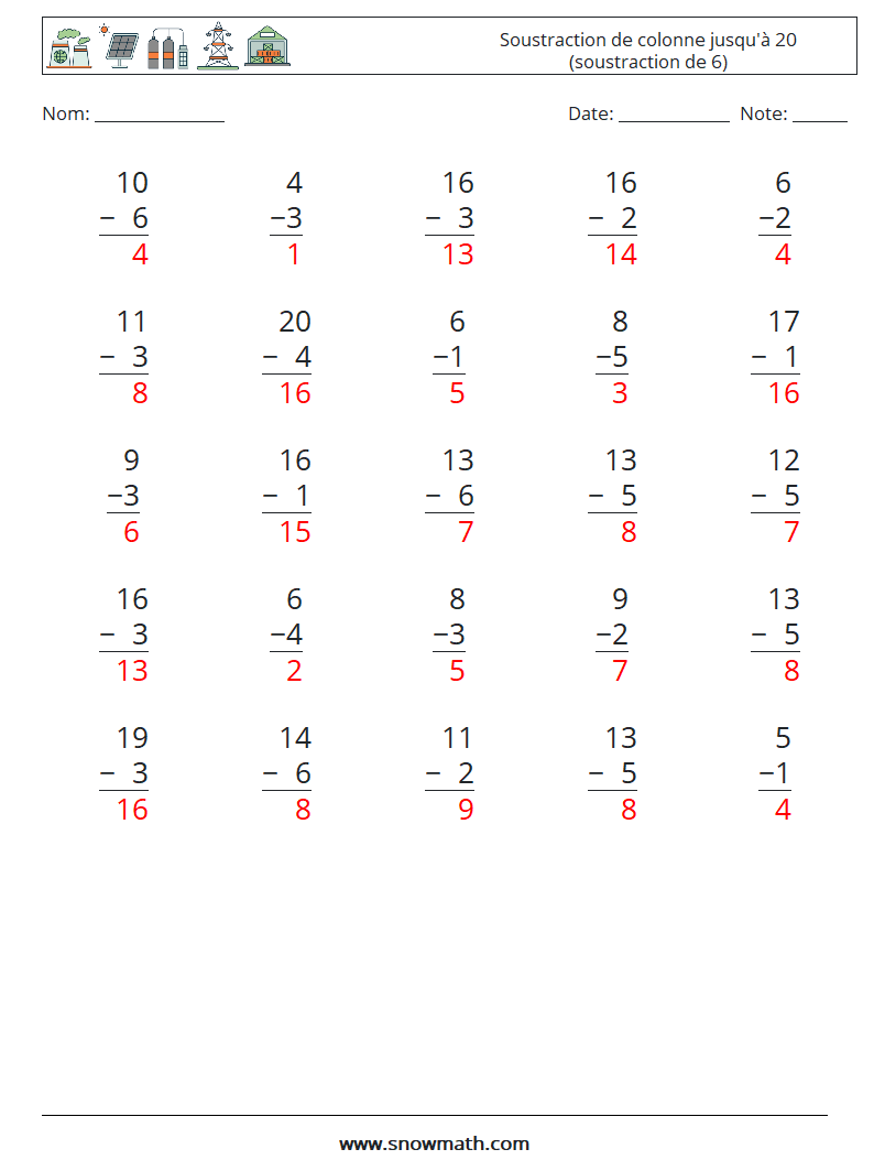 (25) Soustraction de colonne jusqu'à 20 (soustraction de 6) Fiches d'Exercices de Mathématiques 17 Question, Réponse