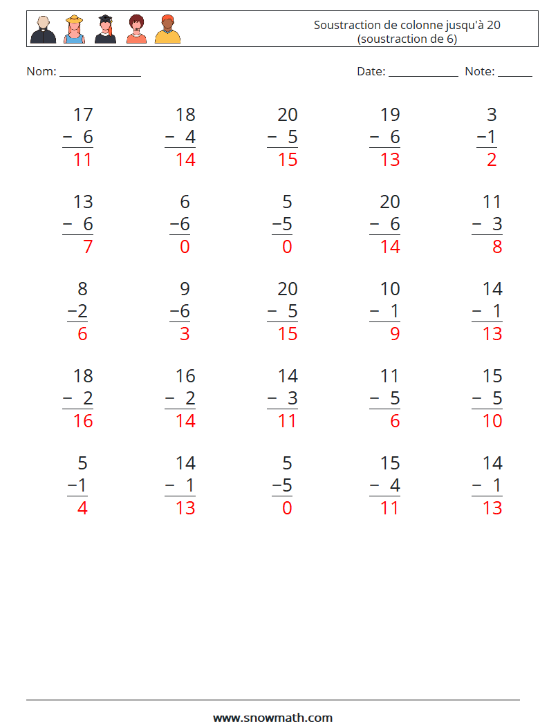 (25) Soustraction de colonne jusqu'à 20 (soustraction de 6) Fiches d'Exercices de Mathématiques 18 Question, Réponse