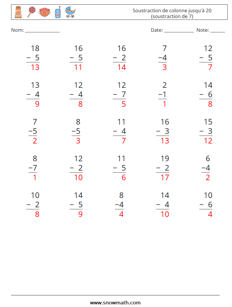 (25) Soustraction de colonne jusqu'à 20 (soustraction de 7) Fiches d'Exercices de Mathématiques 10 Question, Réponse