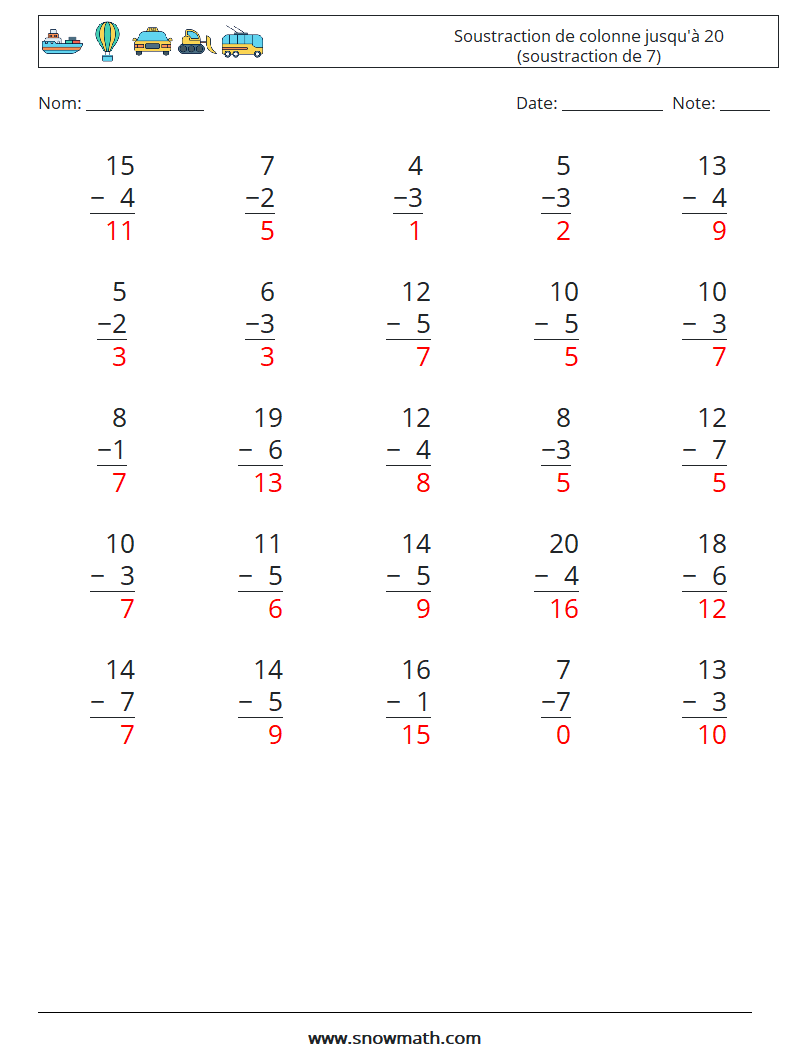 (25) Soustraction de colonne jusqu'à 20 (soustraction de 7) Fiches d'Exercices de Mathématiques 11 Question, Réponse