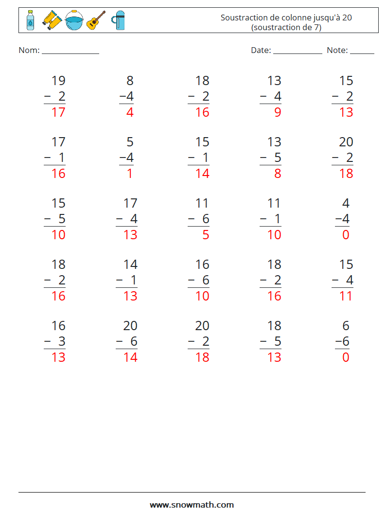 (25) Soustraction de colonne jusqu'à 20 (soustraction de 7) Fiches d'Exercices de Mathématiques 14 Question, Réponse