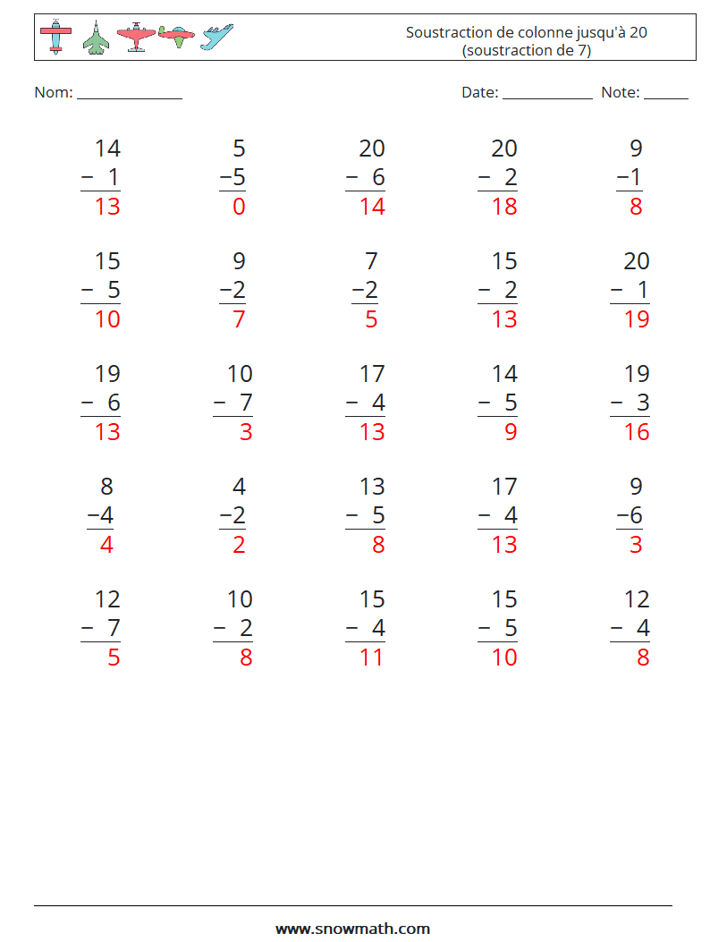 (25) Soustraction de colonne jusqu'à 20 (soustraction de 7) Fiches d'Exercices de Mathématiques 16 Question, Réponse