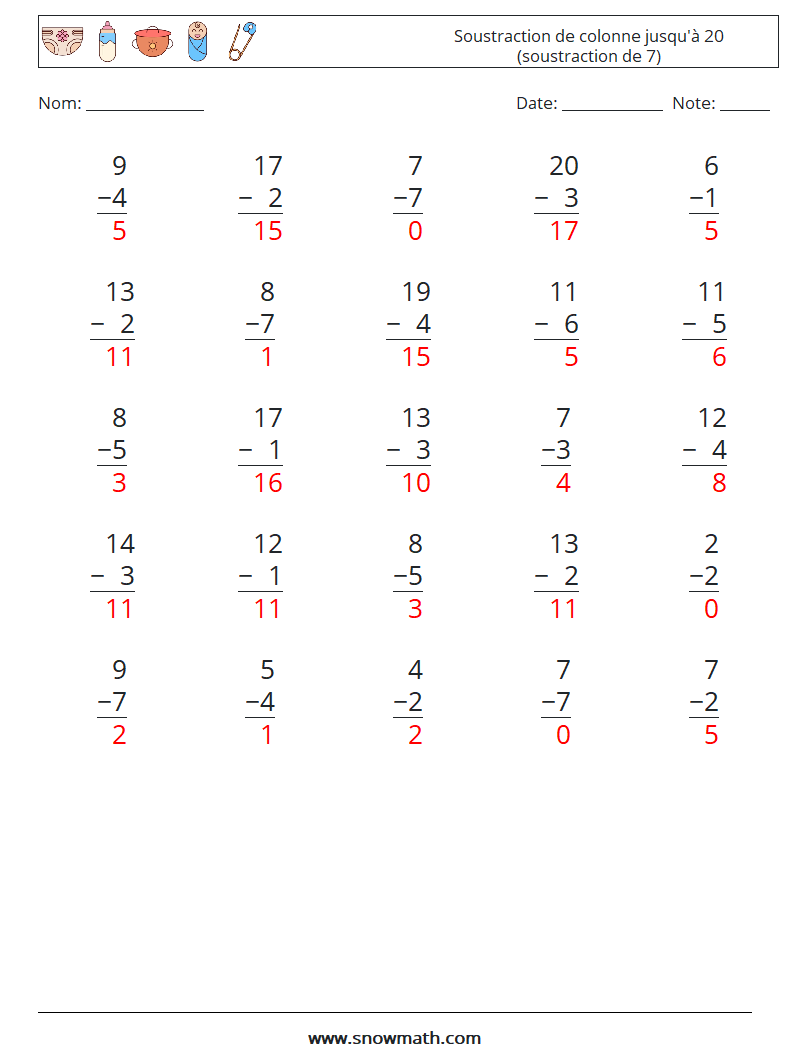 (25) Soustraction de colonne jusqu'à 20 (soustraction de 7) Fiches d'Exercices de Mathématiques 17 Question, Réponse