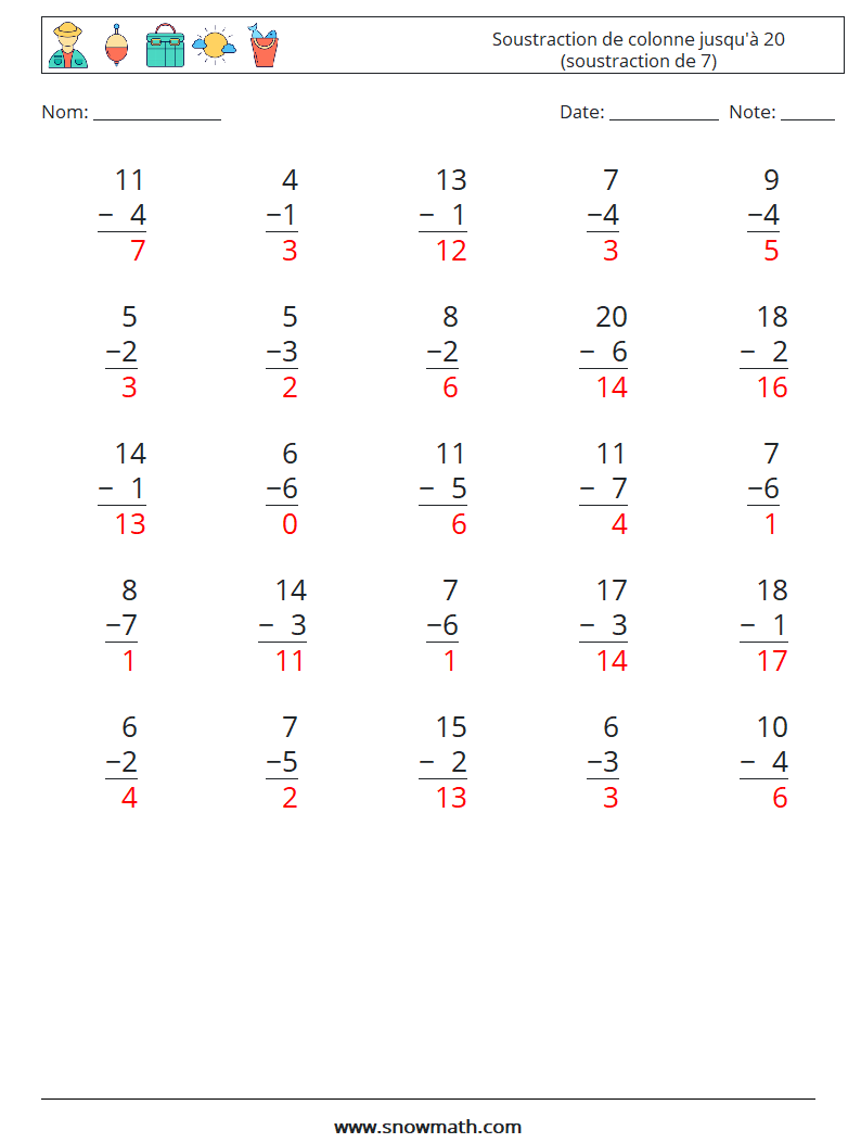 (25) Soustraction de colonne jusqu'à 20 (soustraction de 7) Fiches d'Exercices de Mathématiques 18 Question, Réponse