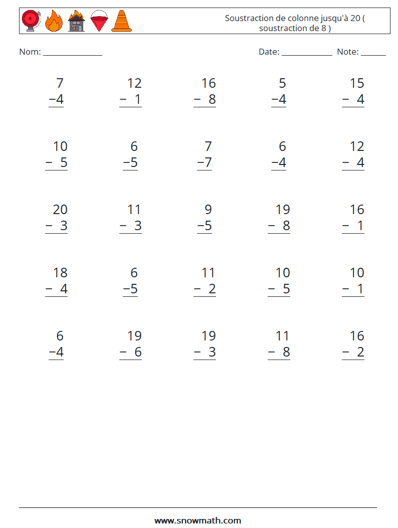 (25) Soustraction de colonne jusqu'à 20 ( soustraction de 8 ) Fiches d'Exercices de Mathématiques 12