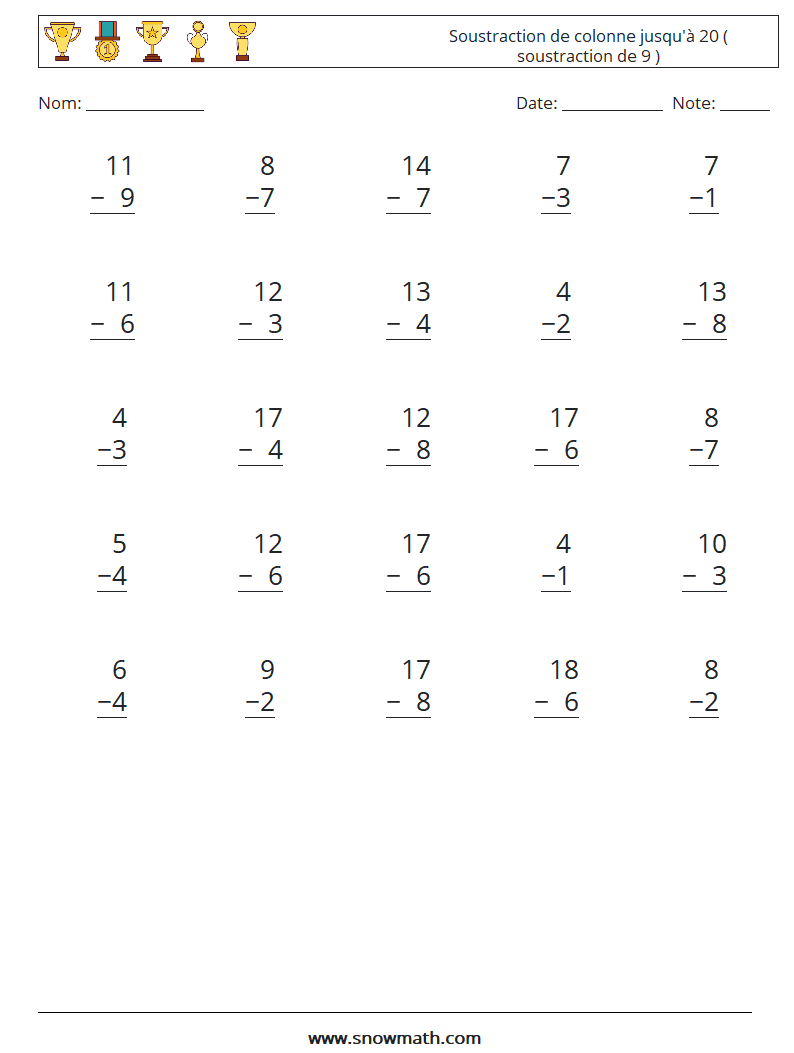 (25) Soustraction de colonne jusqu'à 20 ( soustraction de 9 ) Fiches d'Exercices de Mathématiques 14
