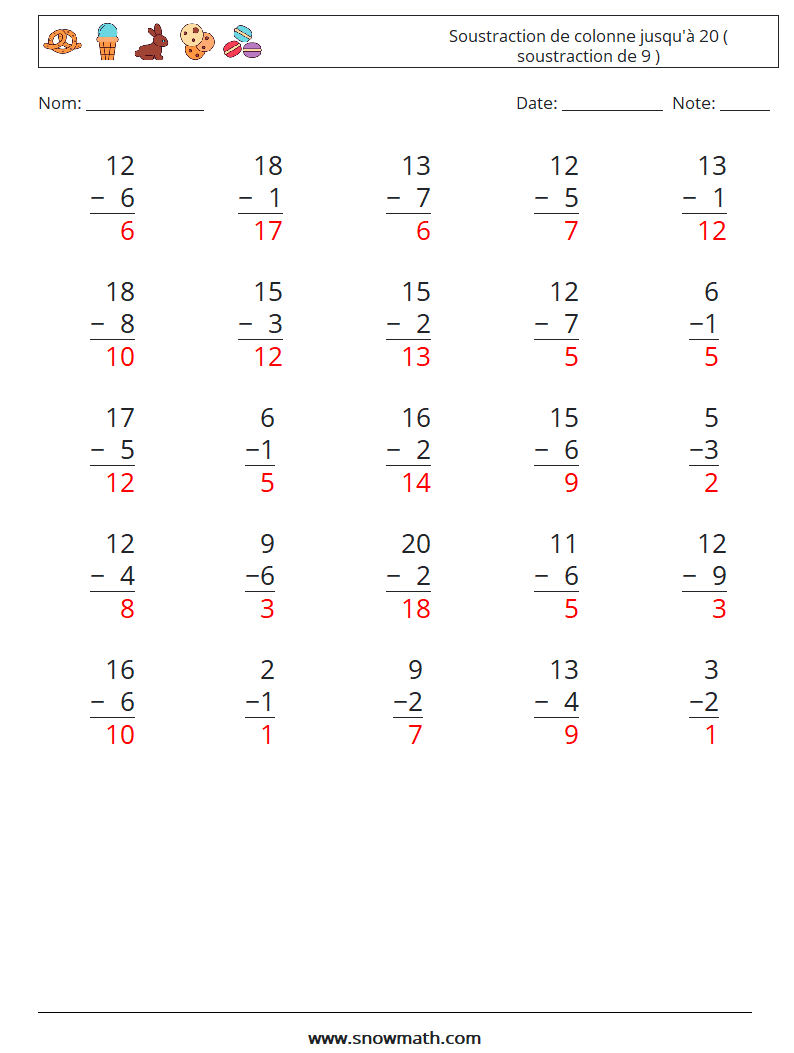 (25) Soustraction de colonne jusqu'à 20 ( soustraction de 9 ) Fiches d'Exercices de Mathématiques 16 Question, Réponse