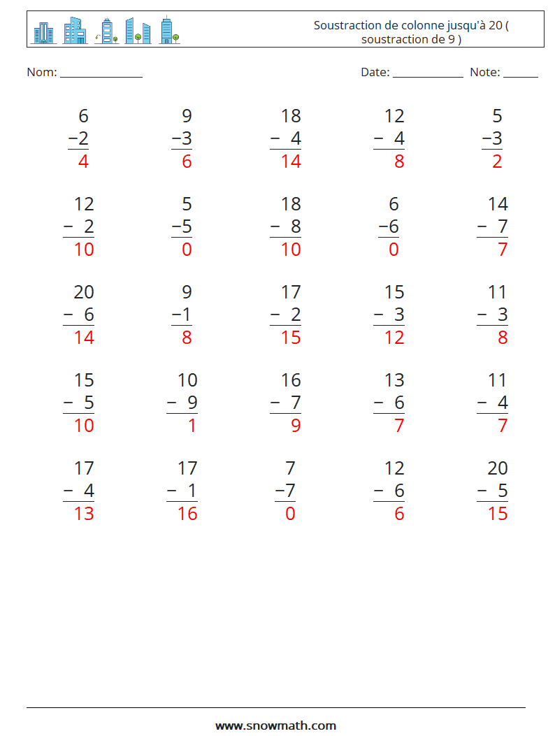 (25) Soustraction de colonne jusqu'à 20 ( soustraction de 9 ) Fiches d'Exercices de Mathématiques 18 Question, Réponse