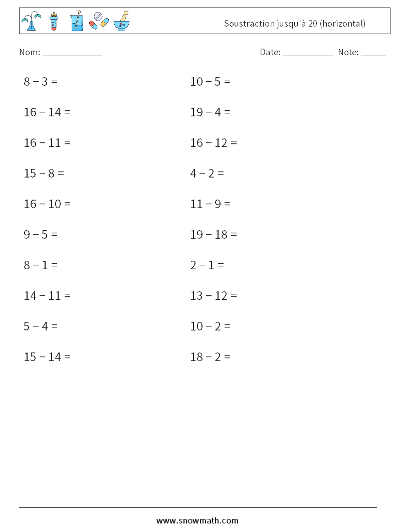 (20) Soustraction jusqu'à 20 (horizontal) Fiches d'Exercices de Mathématiques 5