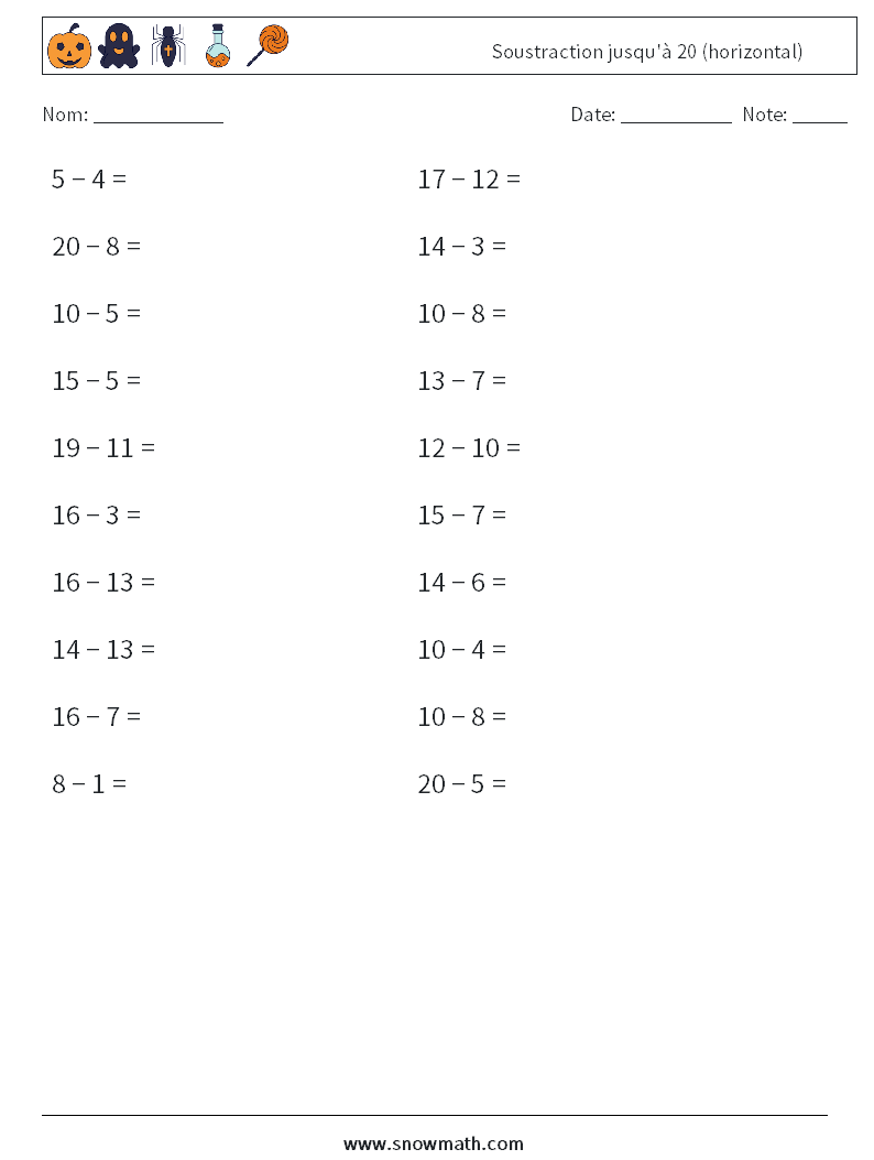 (20) Soustraction jusqu'à 20 (horizontal) Fiches d'Exercices de Mathématiques 9