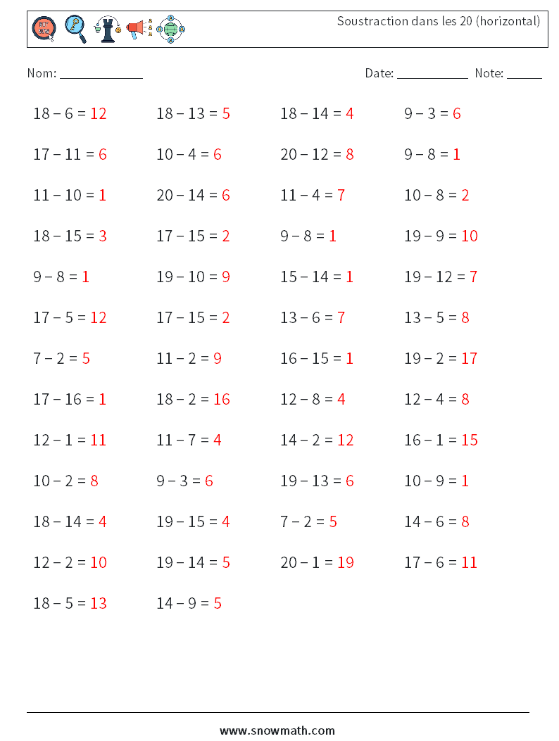 (50) Soustraction dans les 20 (horizontal) Fiches d'Exercices de Mathématiques 1 Question, Réponse
