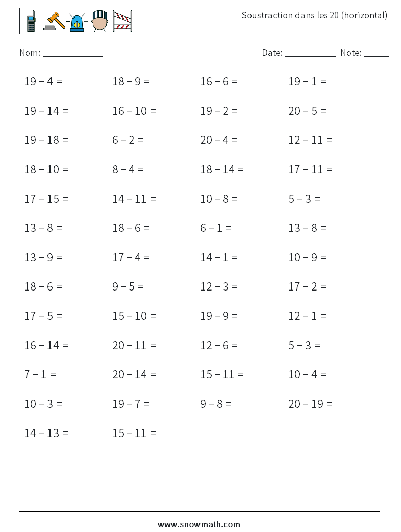 (50) Soustraction dans les 20 (horizontal) Fiches d'Exercices de Mathématiques 2