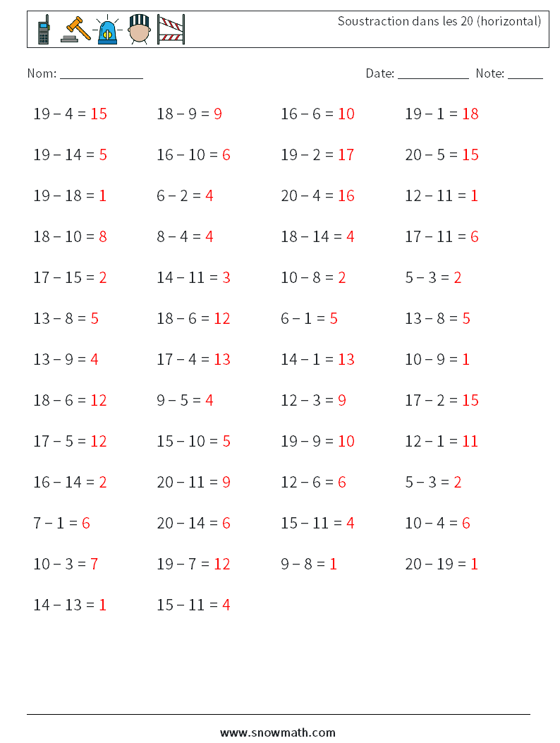 (50) Soustraction dans les 20 (horizontal) Fiches d'Exercices de Mathématiques 2 Question, Réponse