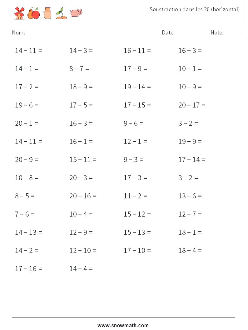 (50) Soustraction dans les 20 (horizontal) Fiches d'Exercices de Mathématiques 3