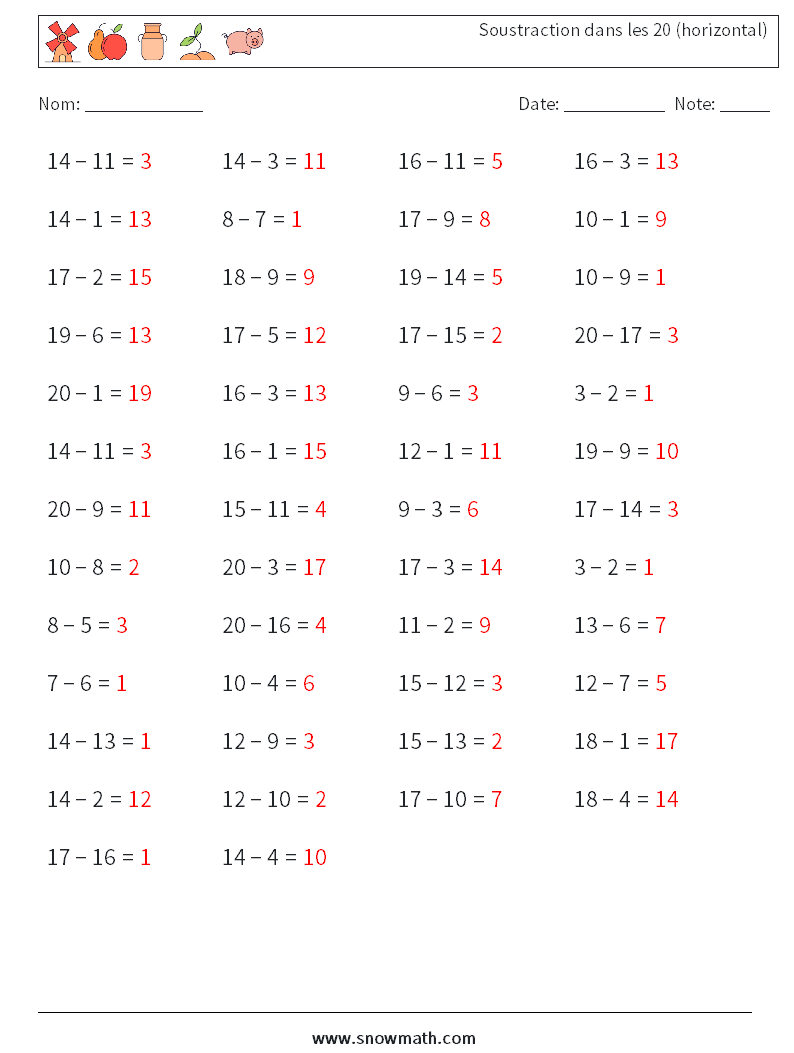 (50) Soustraction dans les 20 (horizontal) Fiches d'Exercices de Mathématiques 3 Question, Réponse