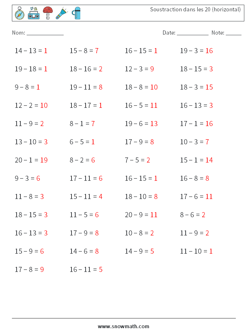 (50) Soustraction dans les 20 (horizontal) Fiches d'Exercices de Mathématiques 4 Question, Réponse