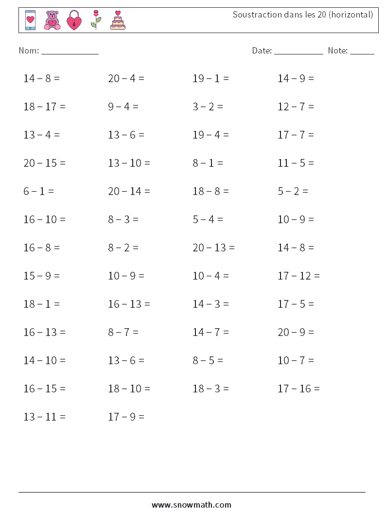 (50) Soustraction dans les 20 (horizontal) Fiches d'Exercices de Mathématiques 5