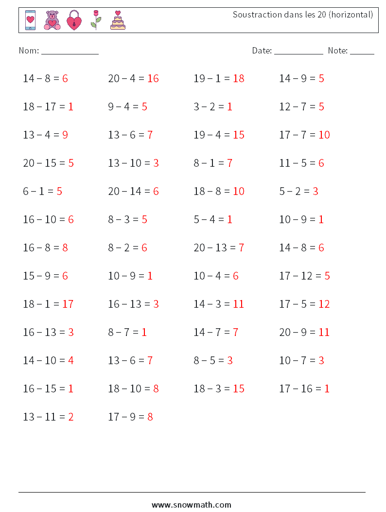 (50) Soustraction dans les 20 (horizontal) Fiches d'Exercices de Mathématiques 5 Question, Réponse