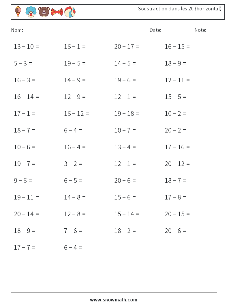 (50) Soustraction dans les 20 (horizontal) Fiches d'Exercices de Mathématiques 6