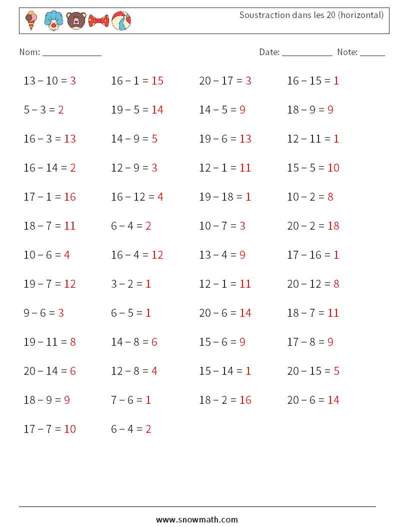 (50) Soustraction dans les 20 (horizontal) Fiches d'Exercices de Mathématiques 6 Question, Réponse