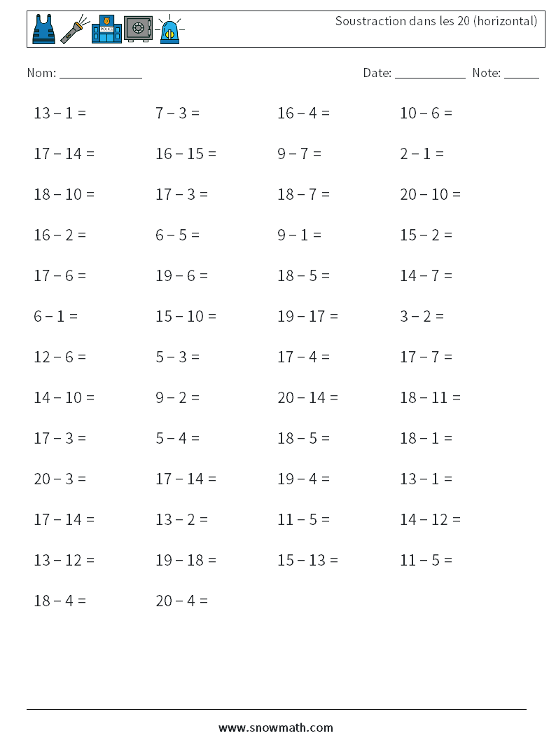 (50) Soustraction dans les 20 (horizontal) Fiches d'Exercices de Mathématiques 7