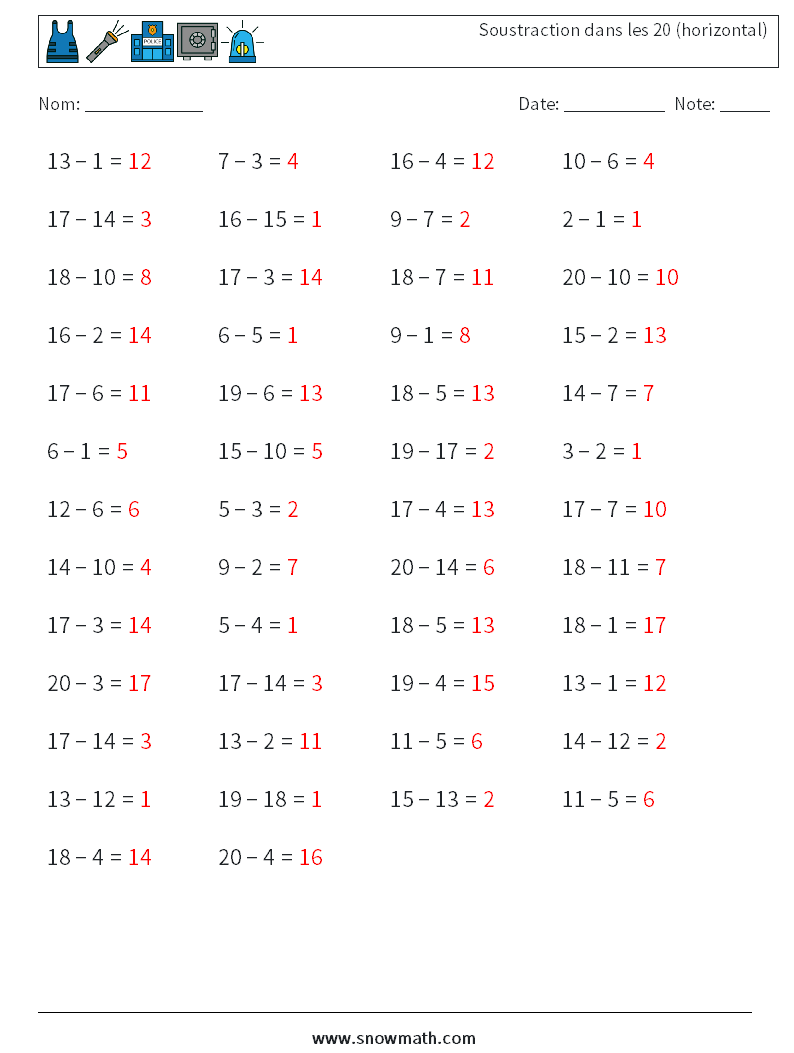 (50) Soustraction dans les 20 (horizontal) Fiches d'Exercices de Mathématiques 7 Question, Réponse