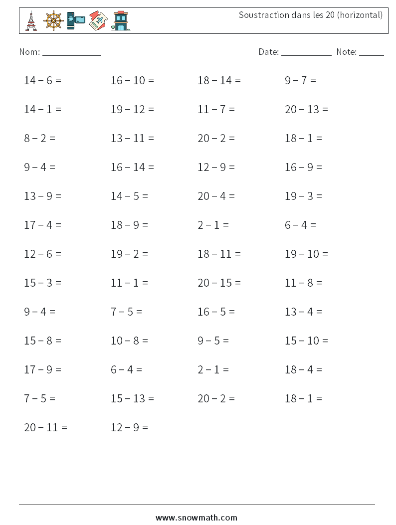 (50) Soustraction dans les 20 (horizontal) Fiches d'Exercices de Mathématiques 8